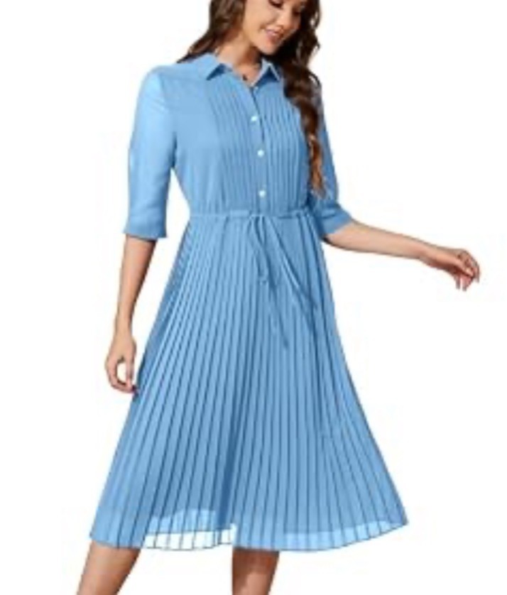 Dusk Blue Summer Dress with Collered Neckline, Short Sleeves, and Pleated Skirt