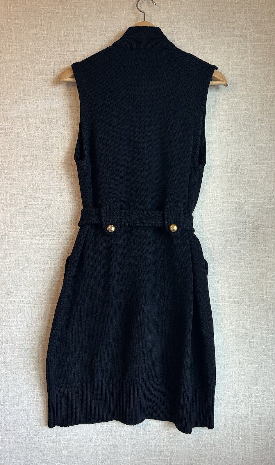 TORY BURCH Navy Sweater Dress Sleeveless 100% Merino Wool Gold Button Belt Small