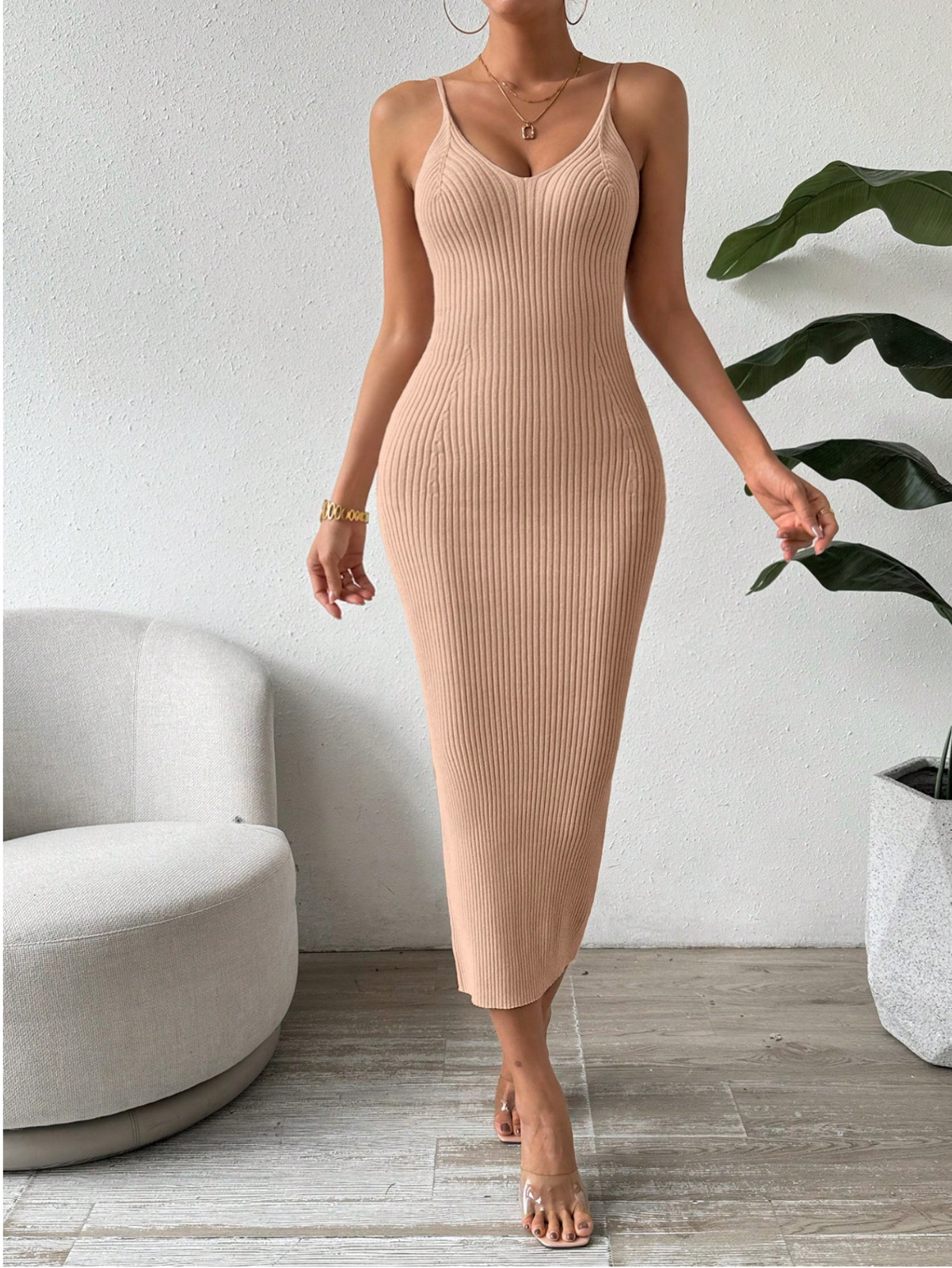 Camel Clasi Casual Solid Color Slim Fit Knit Tank Dress Sz S M L