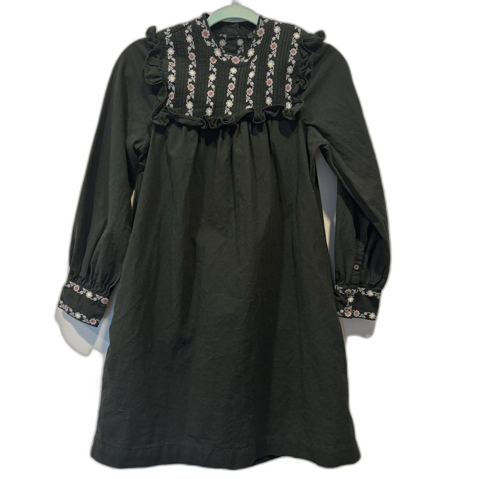 Madewell Embroidered Bib Ruffle Mini Dress Women XS Black Cotton Floral Cottage