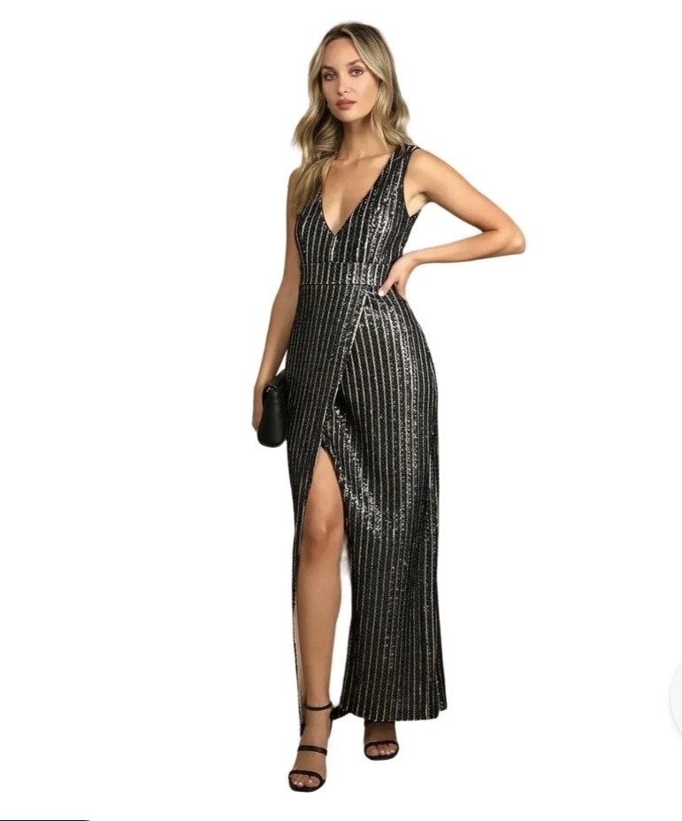 Lulus Unforgettable Elegance Black Silver Sequin Maxi Dress Sleeveless Nwt