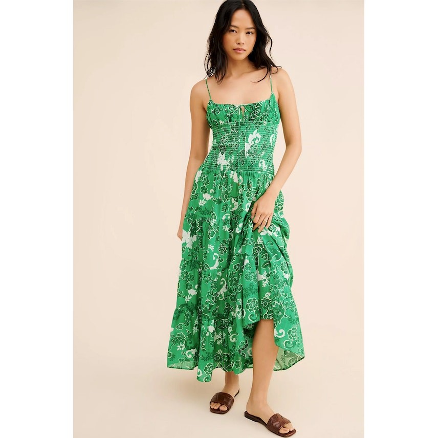 Anthropologie Smocked Drop Waist Cotton Maxi Dress Green Size M