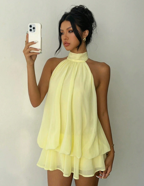 Womens Halter Neck Backless Mini Dress Sleeveless Ruffle Tiered Flowy Sundress