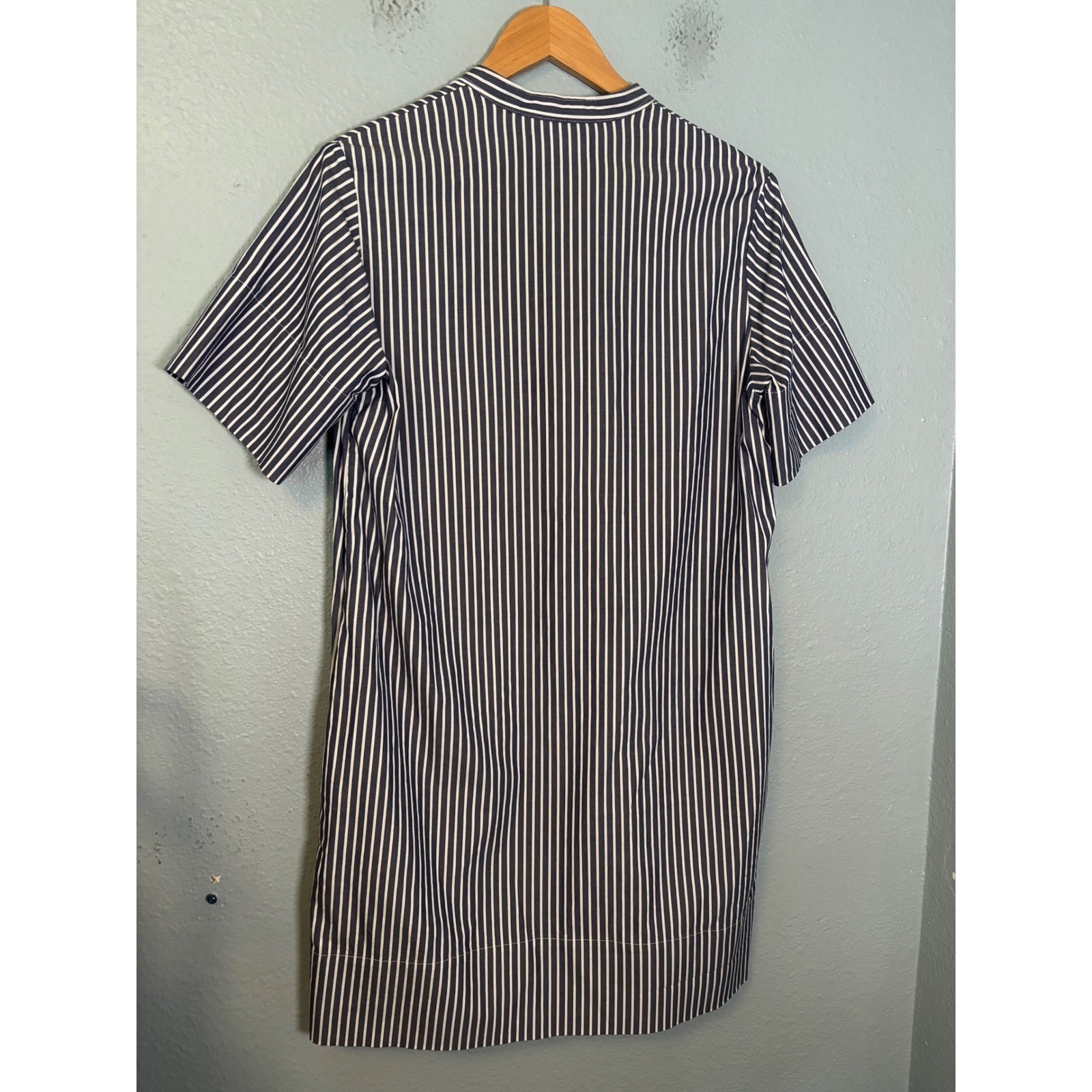 Everlane Womens Navy White Striped Band Collar Short Sleeve Mini Shirt Dress 6