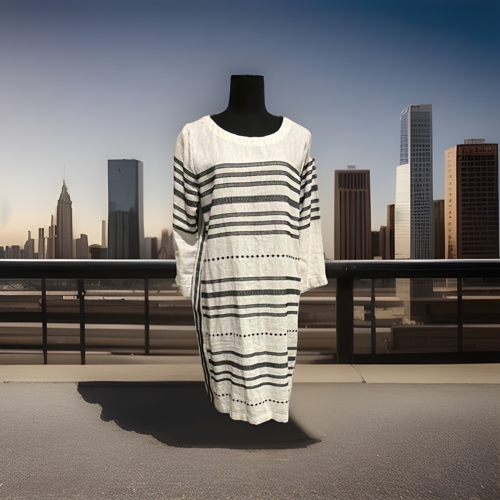 Forcynthia White/Black Striped Round Neck 3/4 Sleeve Knee Dress S Retails @ $120