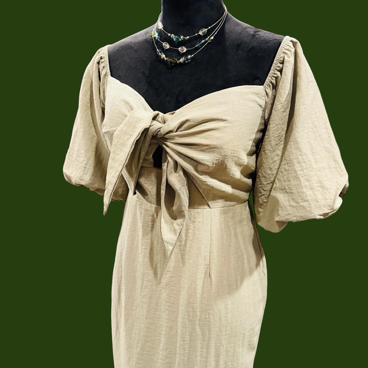 Billy J Amy Dress Olive Tie Front Puff Sleeve Midi Dress Size 12 NWT
