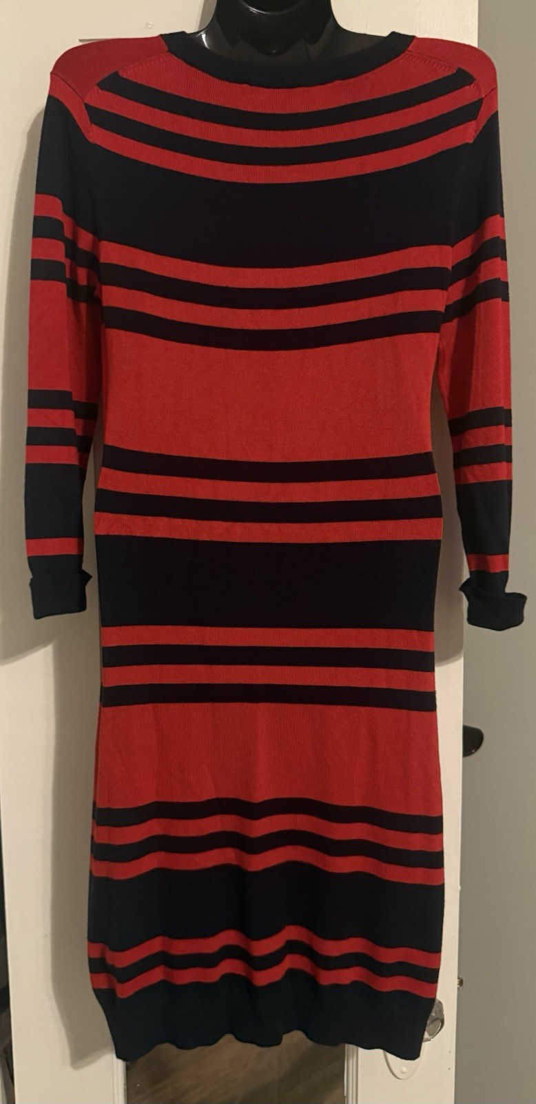 French Connection Red Black Striped Knit Sweater Dress 6 Scoop Neck 3/4 Sleeve