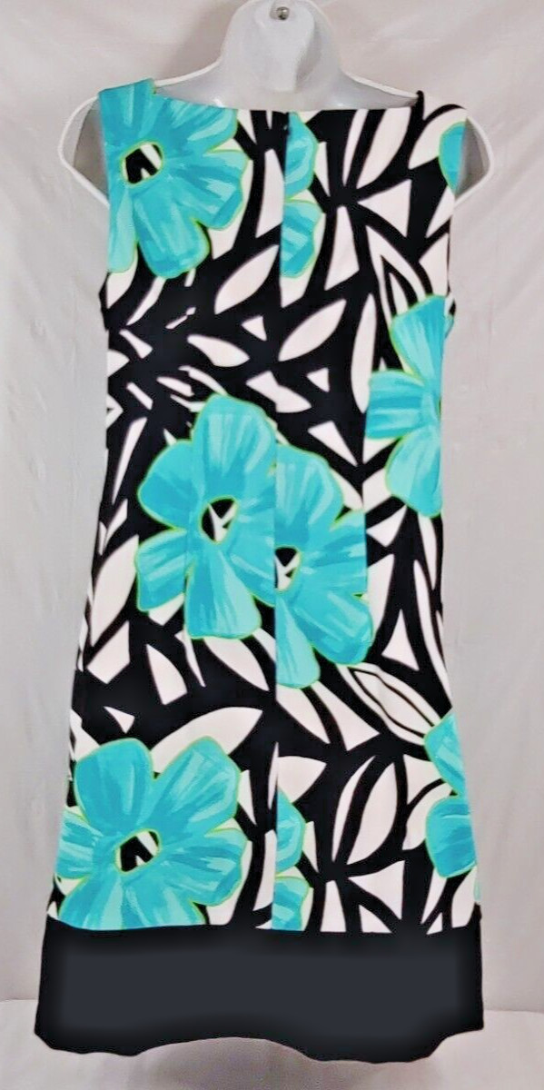 AB Studio Dress 10 Basic Shift Sheath Black Teal Blue Floral Sleeveless Stretch