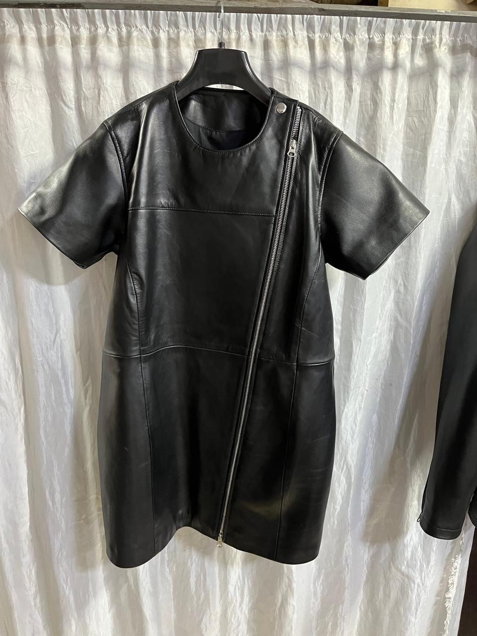 Womens Black Crop Double Zip Leather Dress. Real Sheepskin Slim Fit Casual Dress