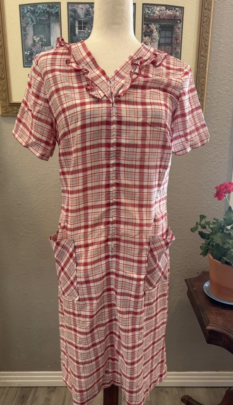 Grunge House Dress 50s 70s VTG Plaid Pockets Zip Small FLAWS READ DESCRIPTION