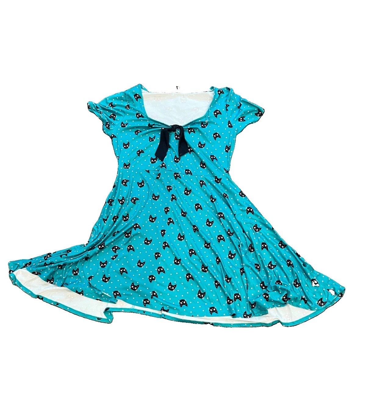 Unique Vintage Teal Cat Print Tie Front Dress 1x (16)