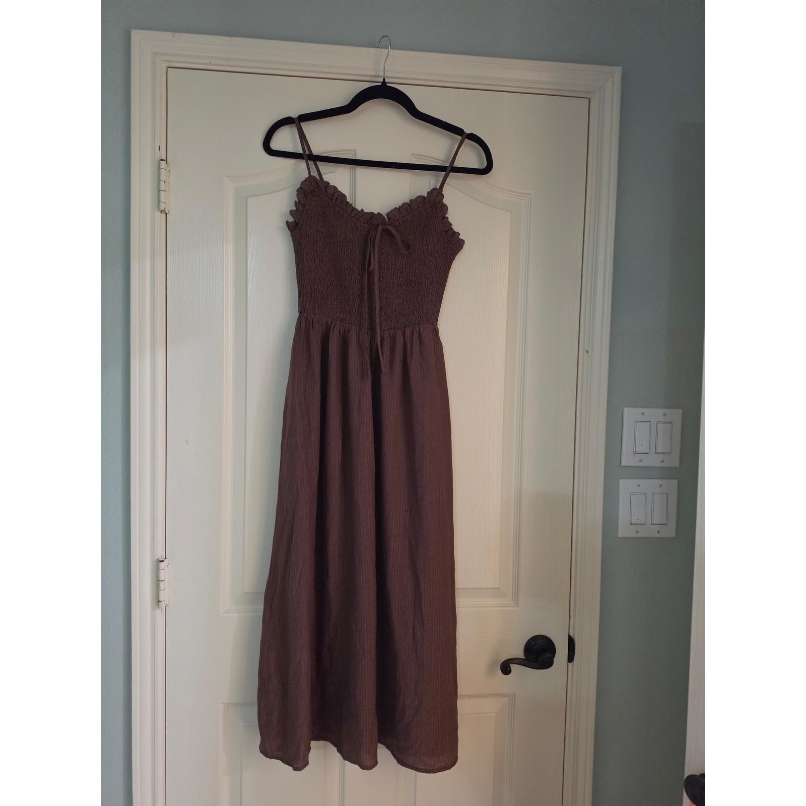 Le Lis Brown Smocked Midi Dress Eyelet Ruffle Boho XS PD6701