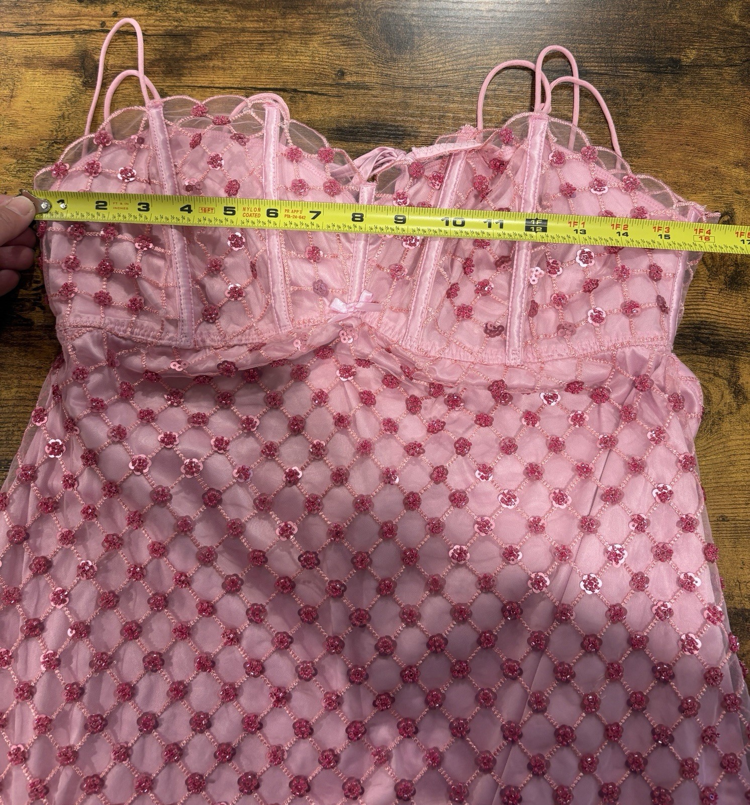 For Love & Lemons Embroidered Pink Beaded Mini Dress Sz XL Sleeveless Boning