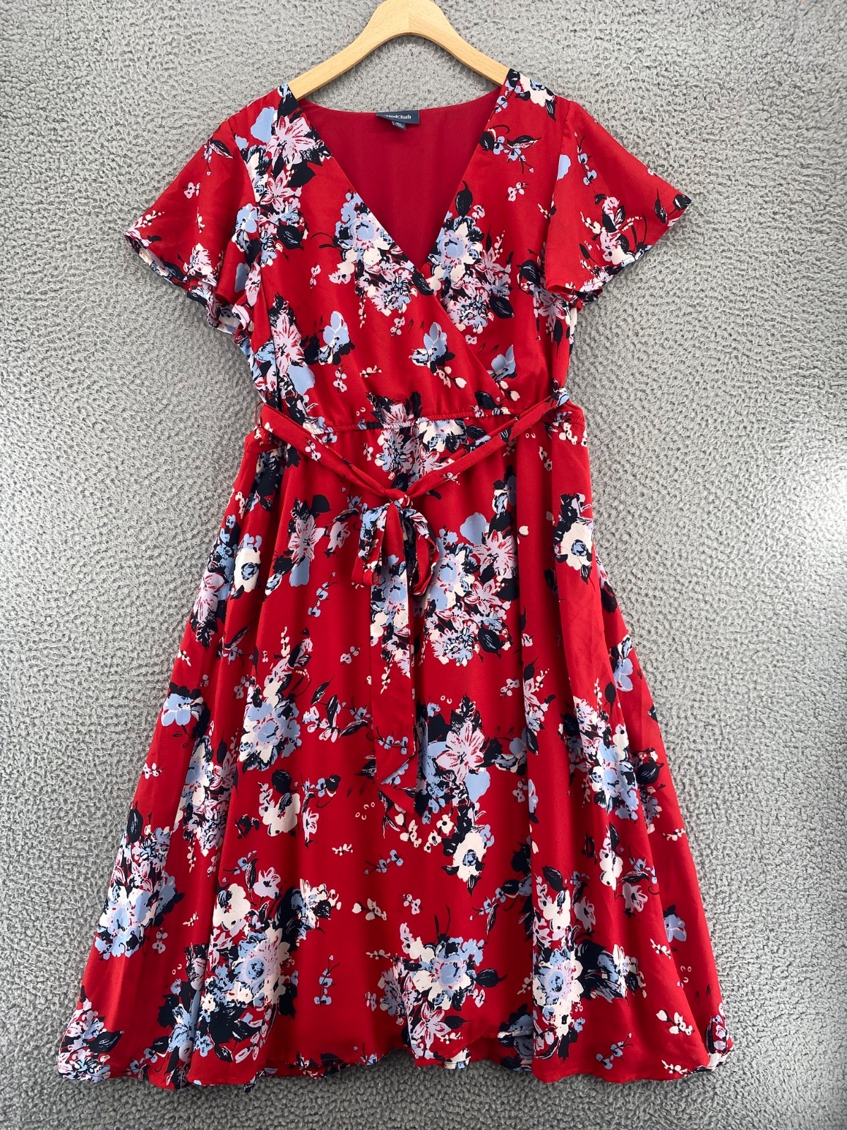 ModCloth Dress Womens XL Fits Of Bliss Red Multi Floral Faux Wrap Midi Pockets