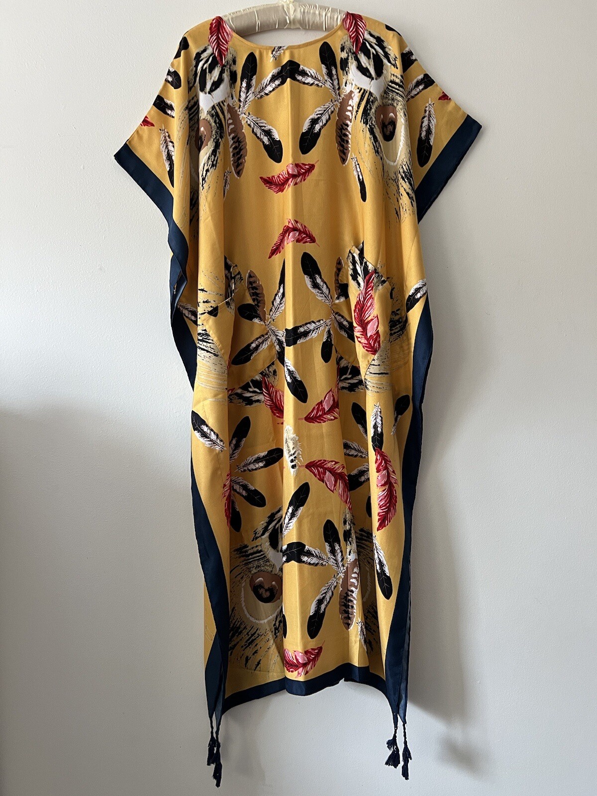 Unbranded Yellow Feather Print Crew Neck Long Dress Kaftan O/S fits S M L XL