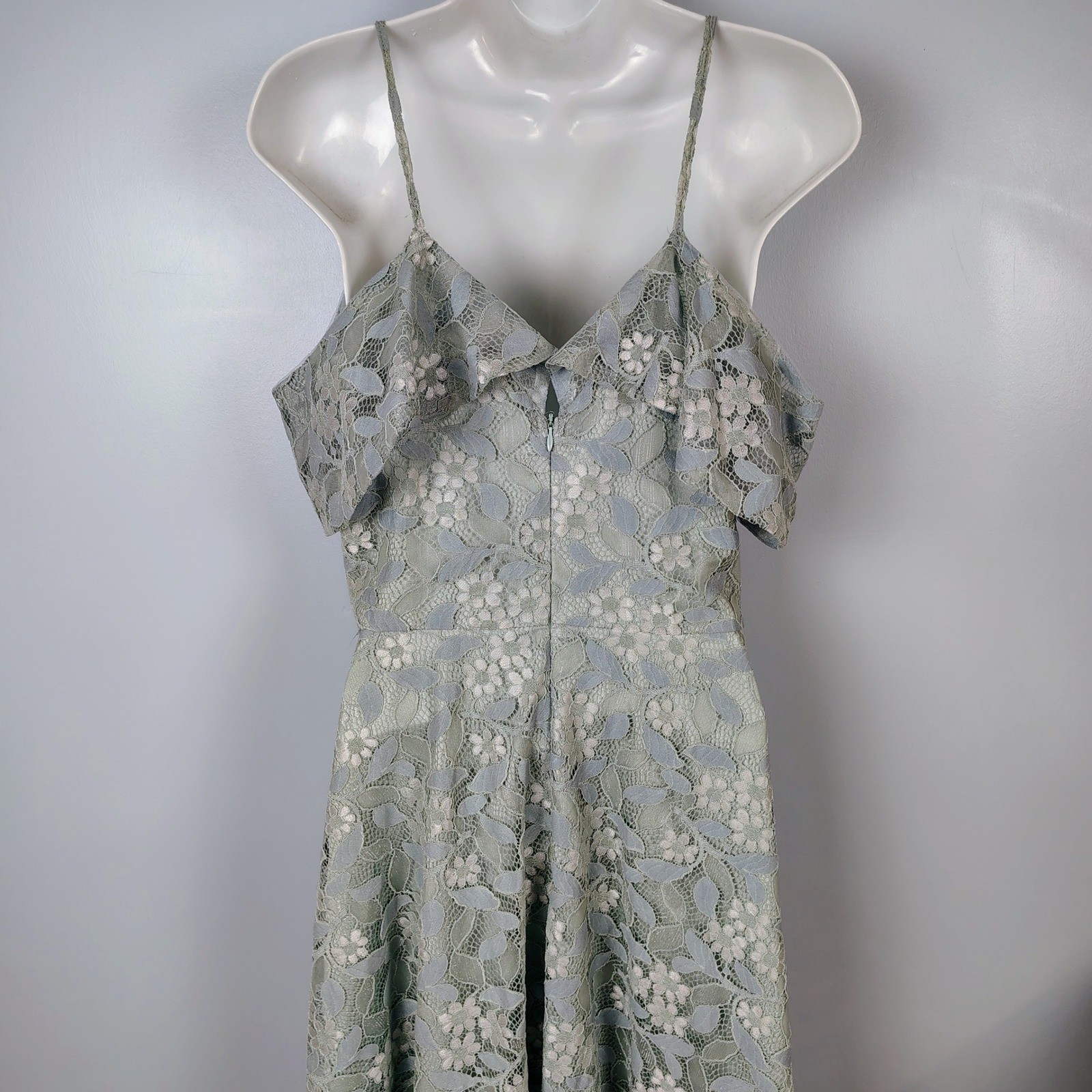 Sage Green Floral Lace Ruffle Cold Shoulder Fit and Flare Dress Med peasent