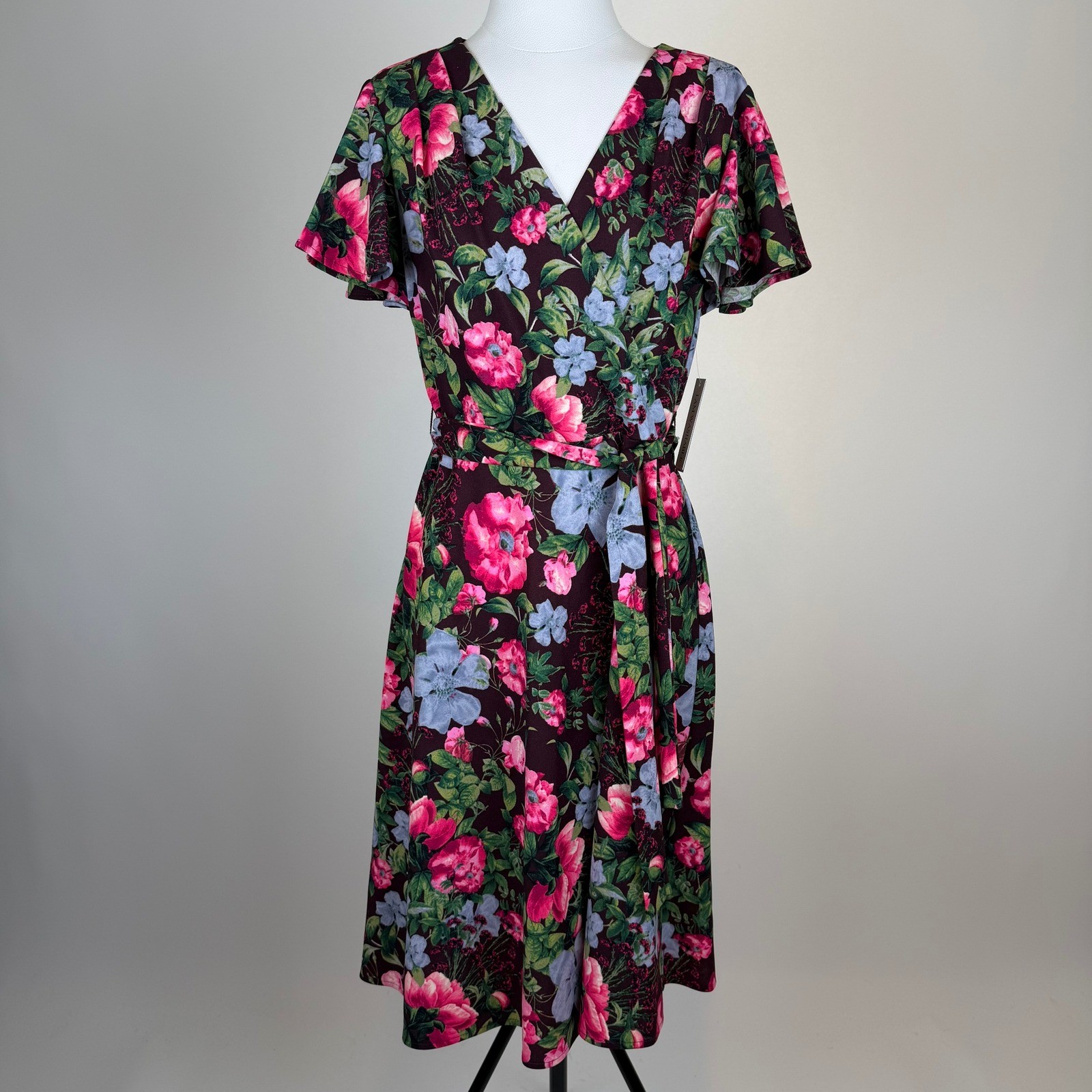 NWT Shelby & Palmer Wine/Pink Multi Floral Faux Wrap Midi Dress Size 10 Romantic