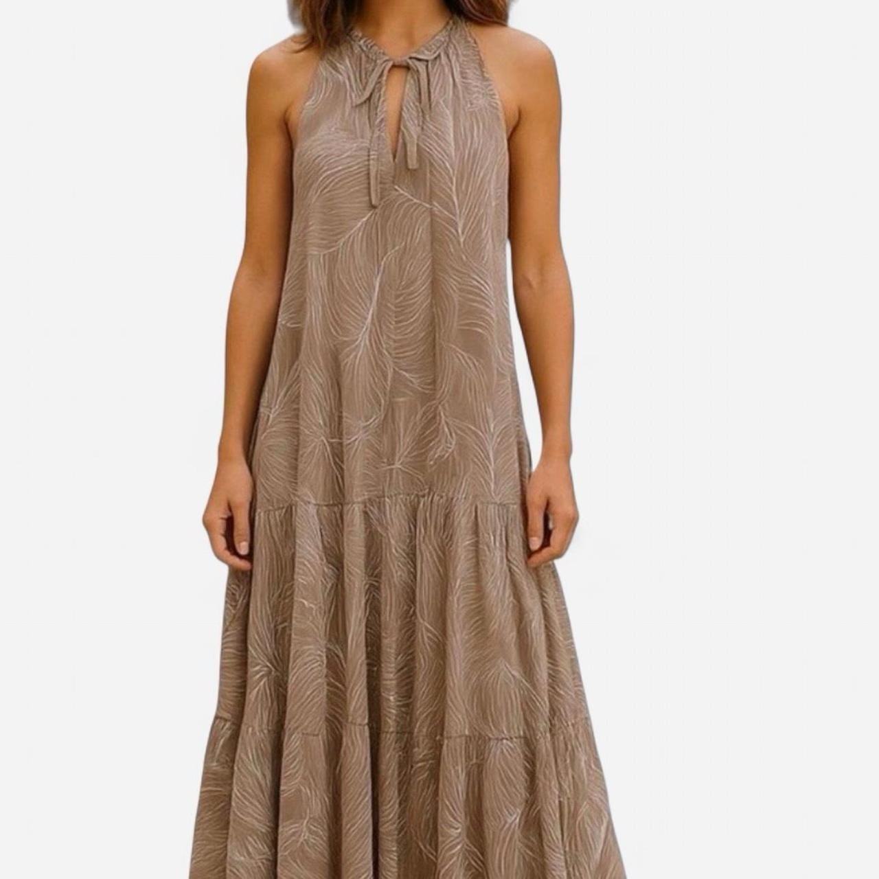 Prologue Brown/White Geometric Sleeveless Round Neck Hi-Low Midi Dress M