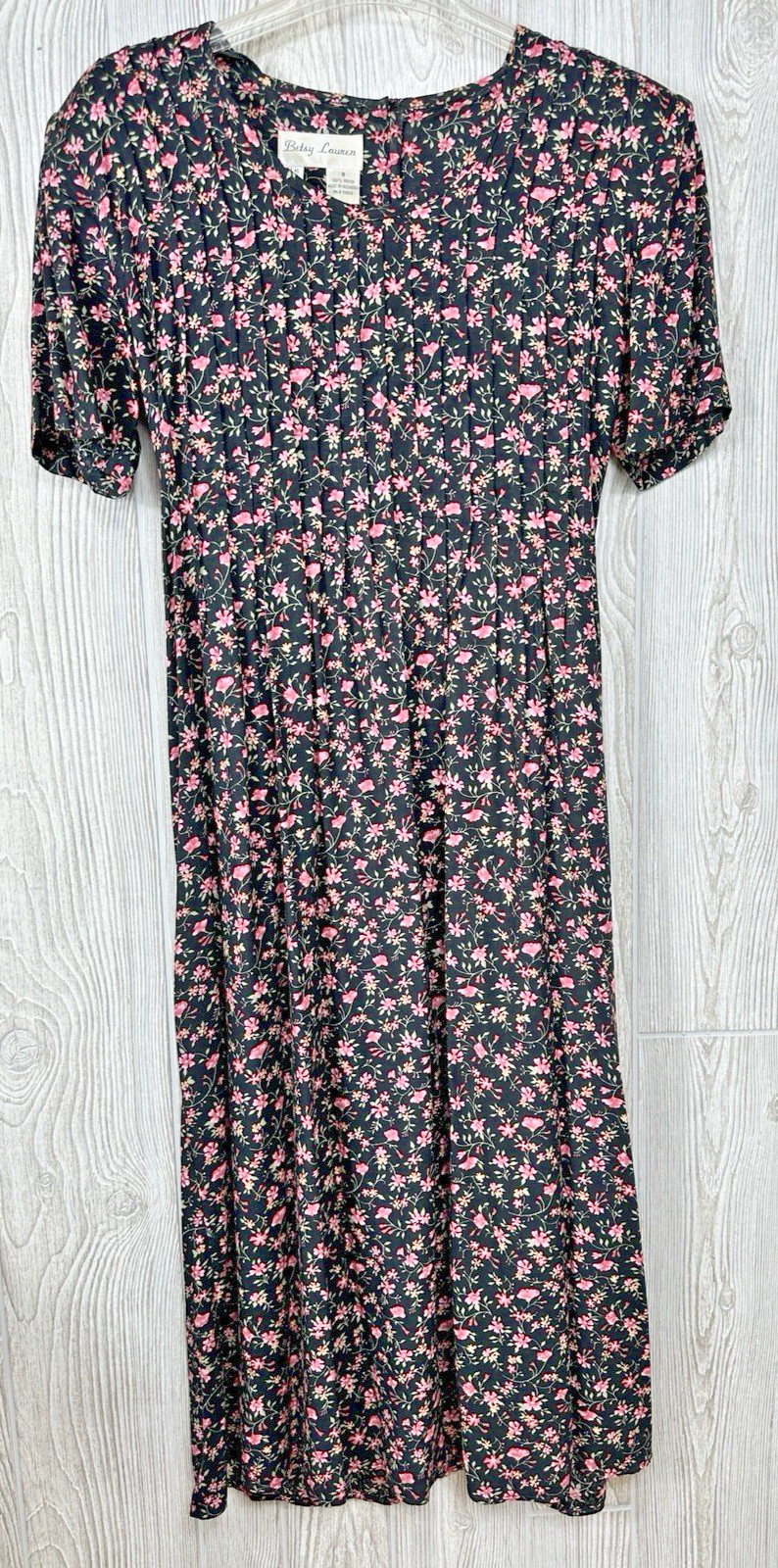 Betsy Lauren Dress Womens Size 8 Black Floral Pleated Tie Country Modest Vintage