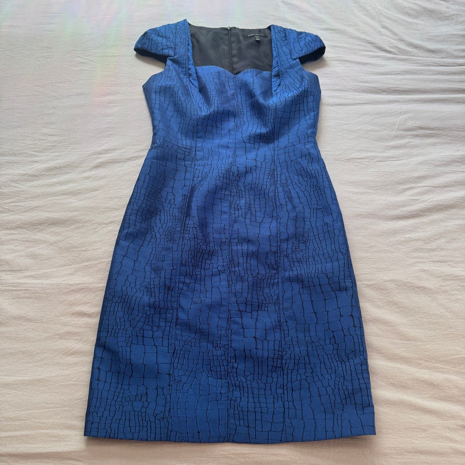 David Meister Cobalt Blue Crackle Jacquard Sheath Dress Cap Sleeve Cocktail 4
