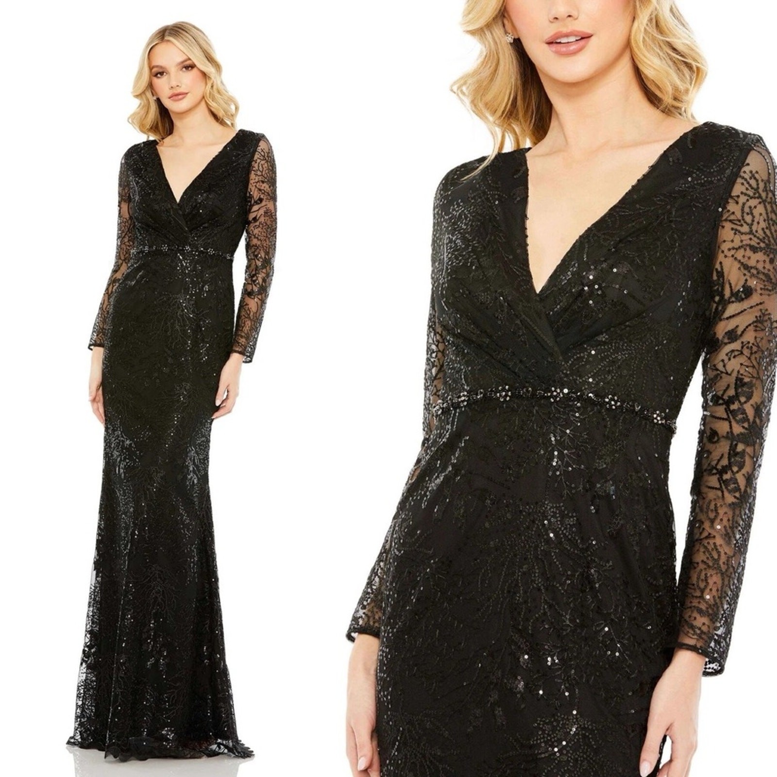 Mac Duggal 68016 Black Embellished Wrap Over Long Sleeve Gown Size 8 NWT