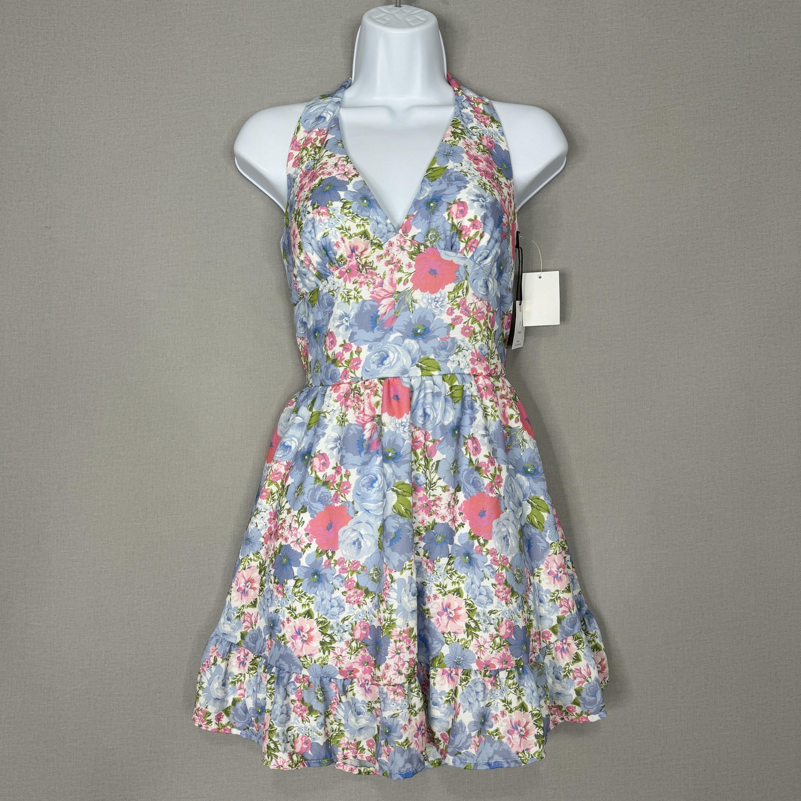 Originality Dress Womens Small Blue Floral Halter Backless Bow Sundress Boho