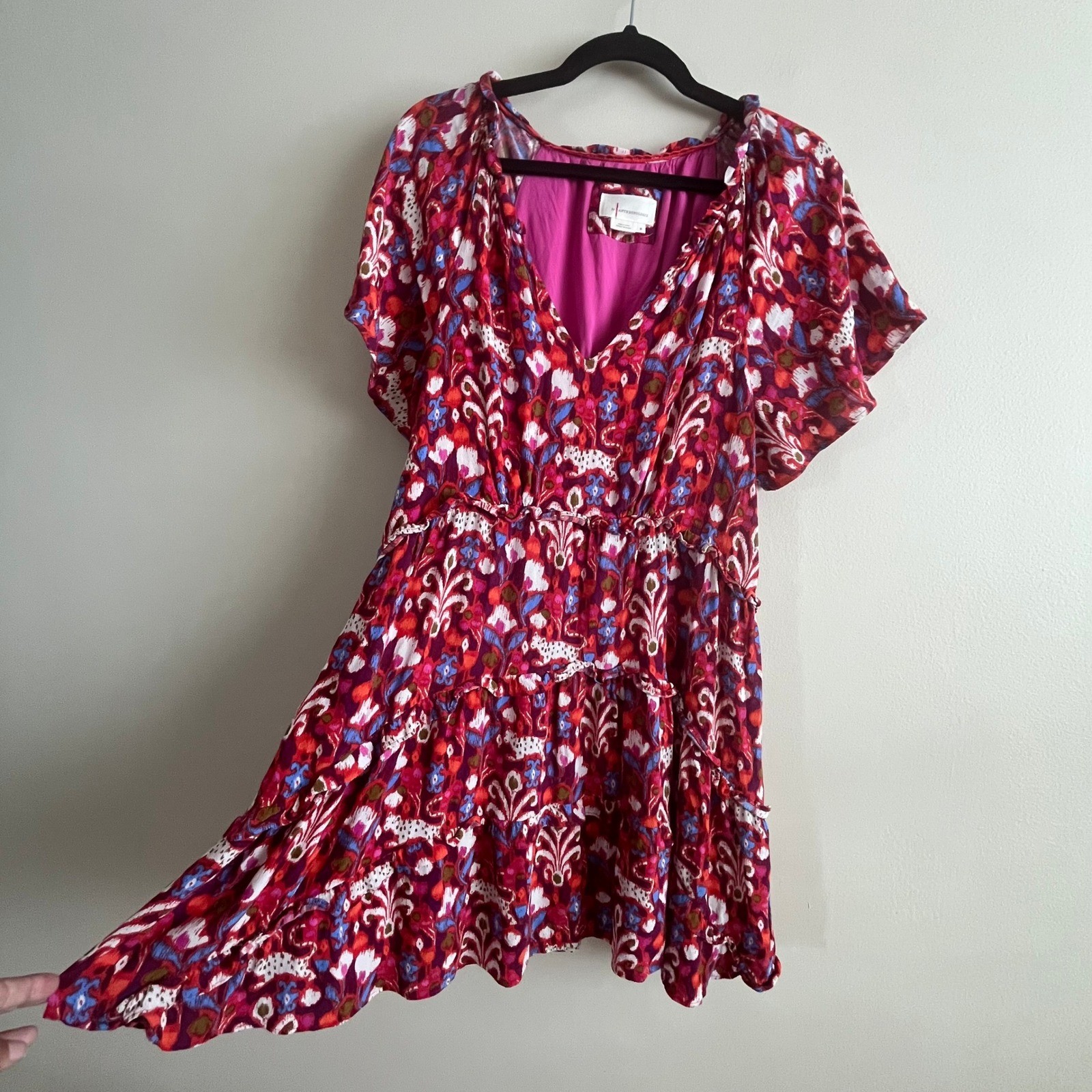 By Anthropologie Tiered Ruffle Flutter Sleeve Dress Size M Ikat Boho Red Purple