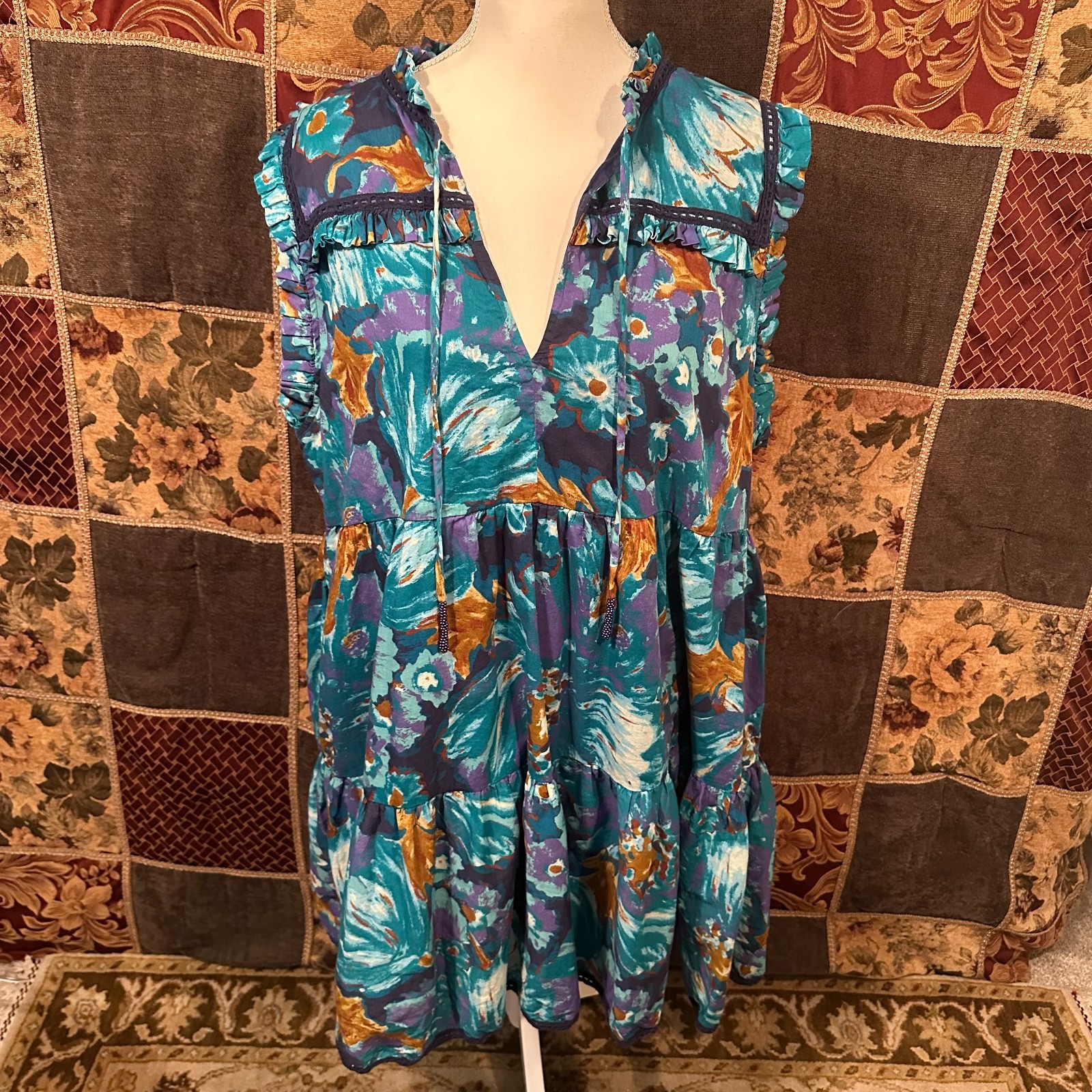 Sundance Baby Doll Dress Women’s XL Extra Large Blossoms Divine Sea Mist Blue
