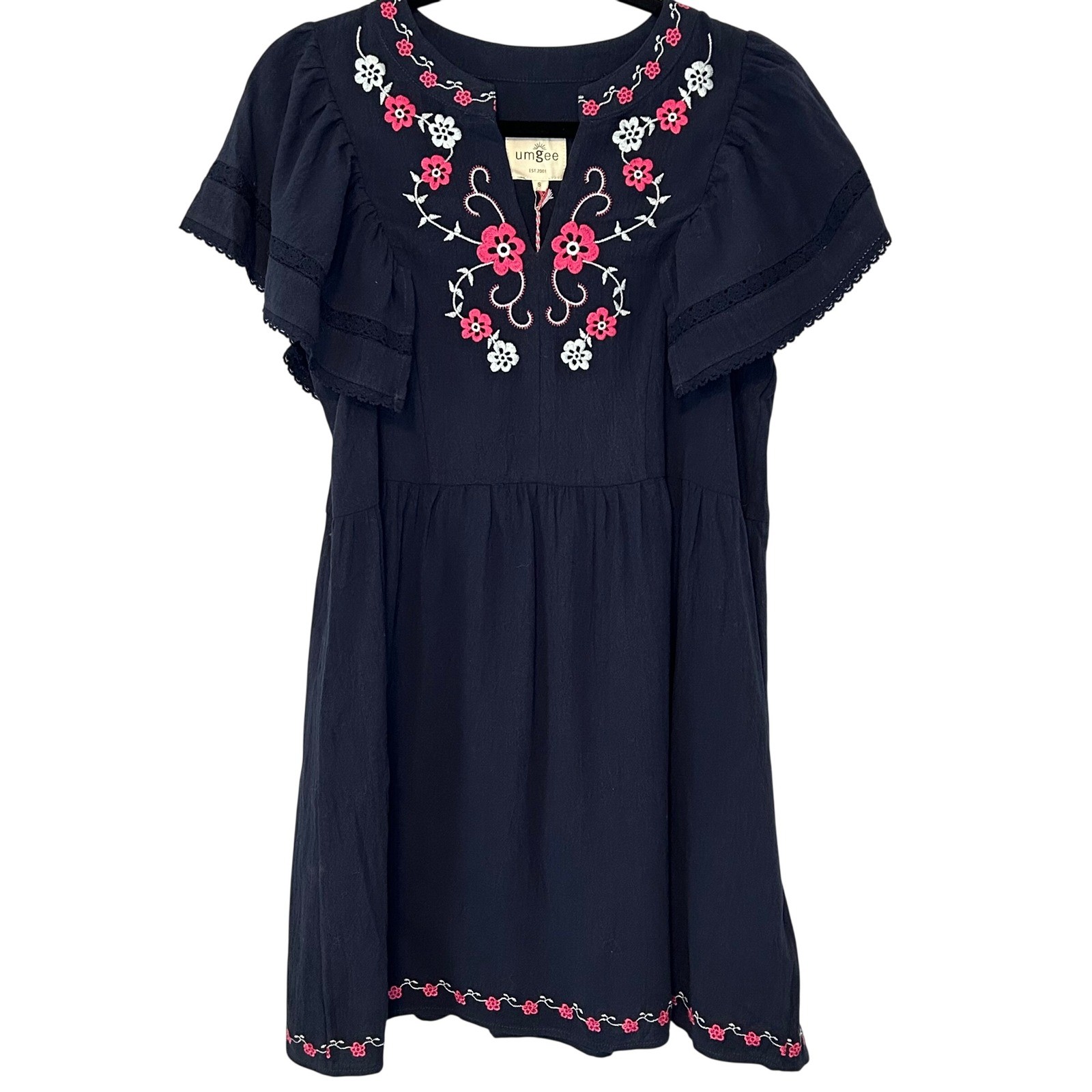 Umgee Navy Blue Floral Embroidered Dress Flutter Sleeve Lace Trim Small NWT