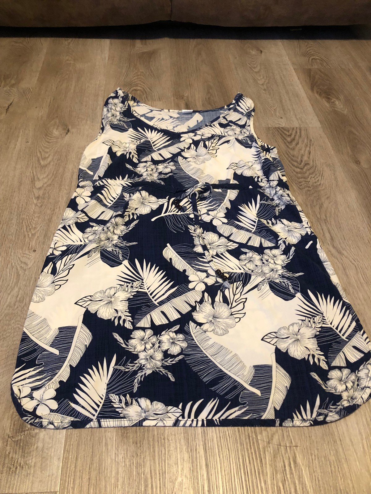 Palmwave Hawaiian Sleeveless Dress Large L Rayon Navy Blue and White V-Neck