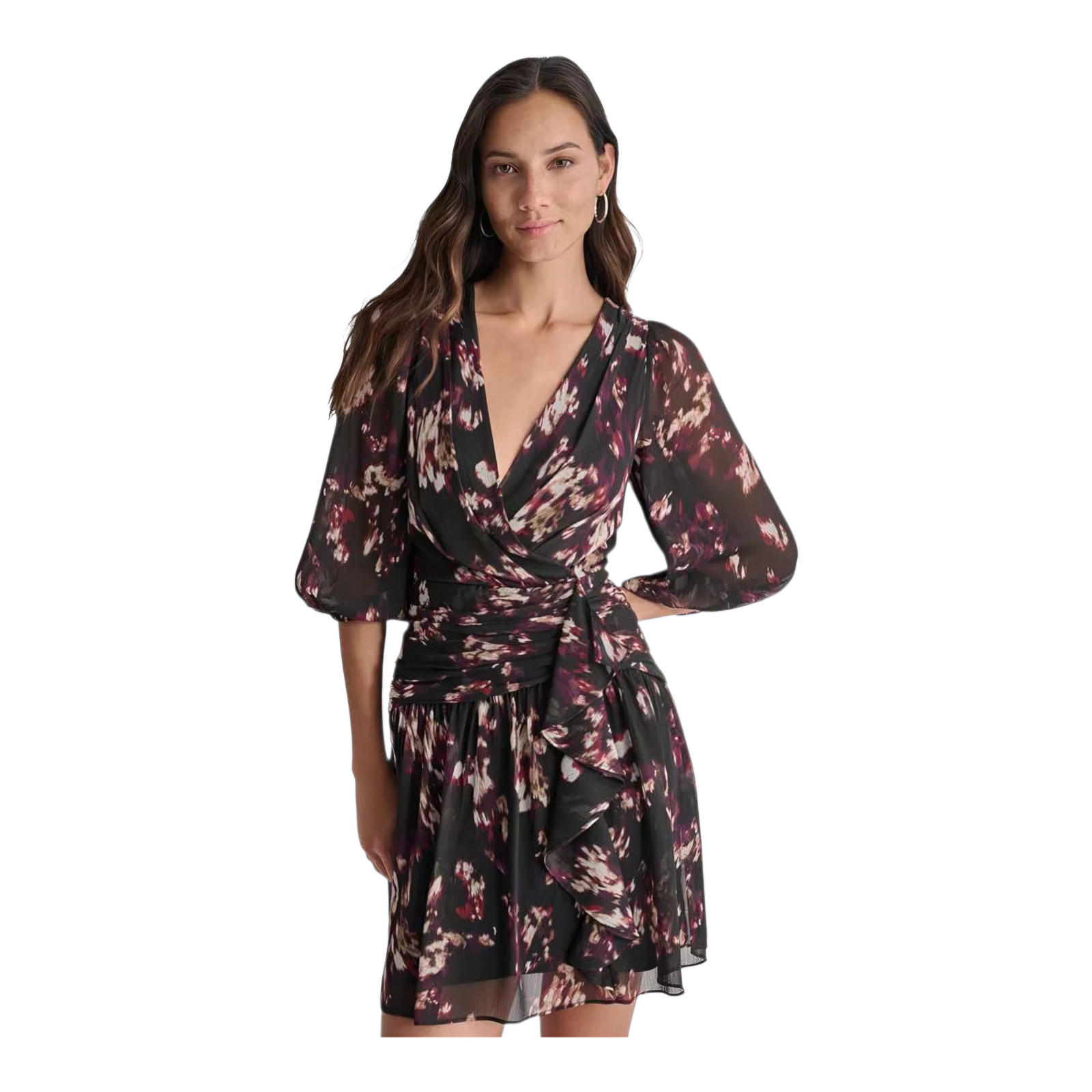 DKNY Women’s Crinkle Chiffon Faux-Wrap Mini Dress Black Floral Sizes 2 6 8 10 12