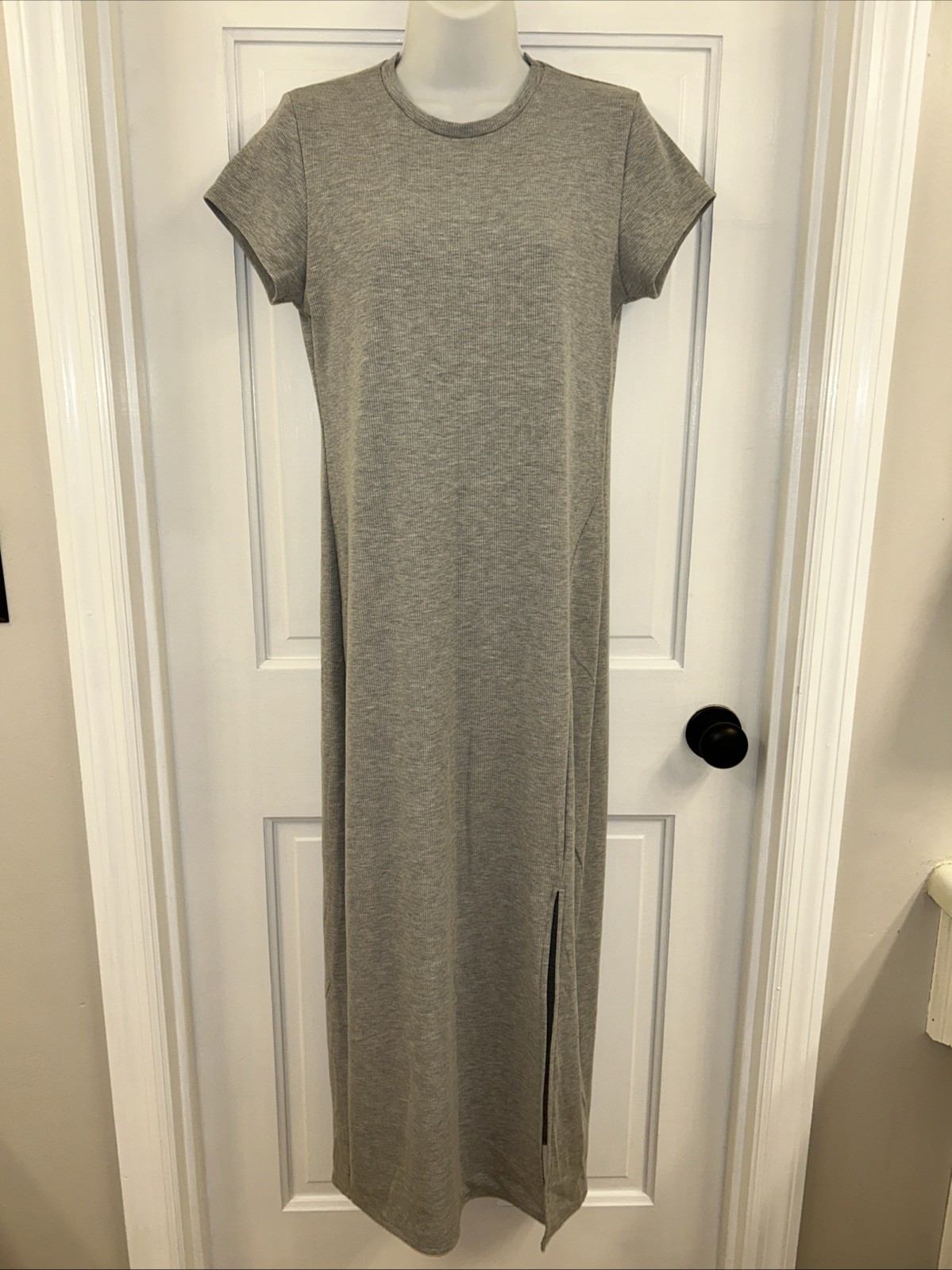 Antistar T-Shirt Dress Women’s L Light Gray Ribbed Short-Sleeve Maxi Side Slit