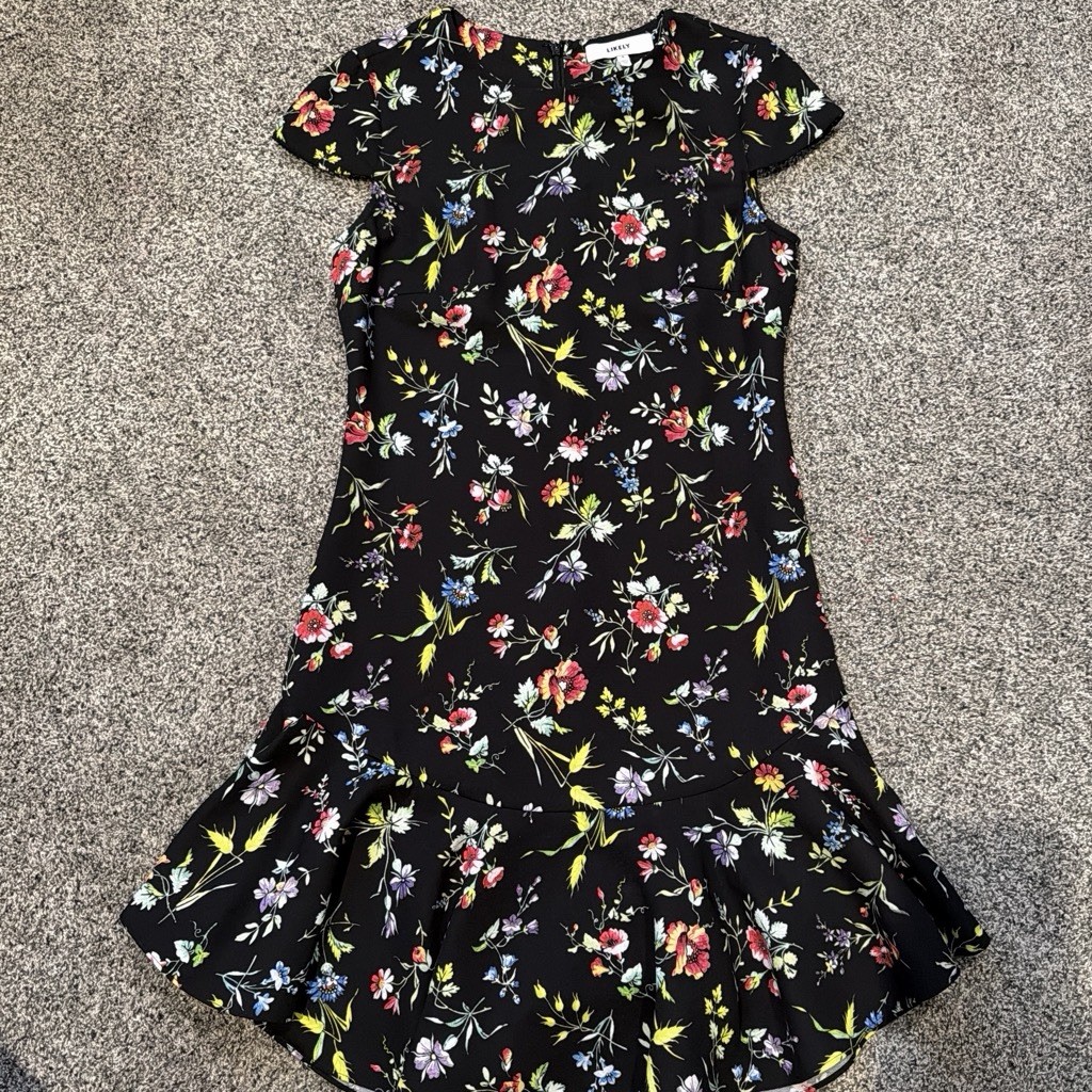 LIKELY Black Multicolor Floral V-Neck Cap Sleeve Fit & Flare Ruffle Dress 4
