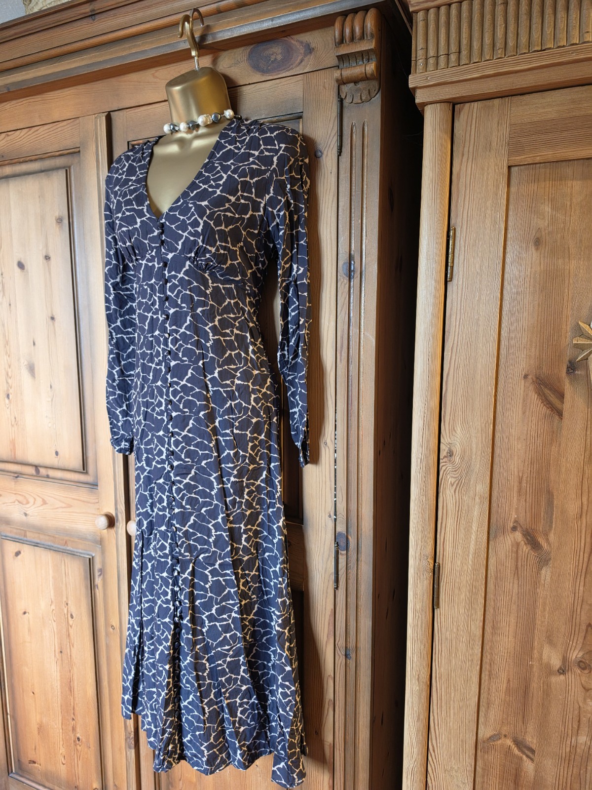 Smart Aspiga Black And Beige Patterned Midi Dress Size XS 8