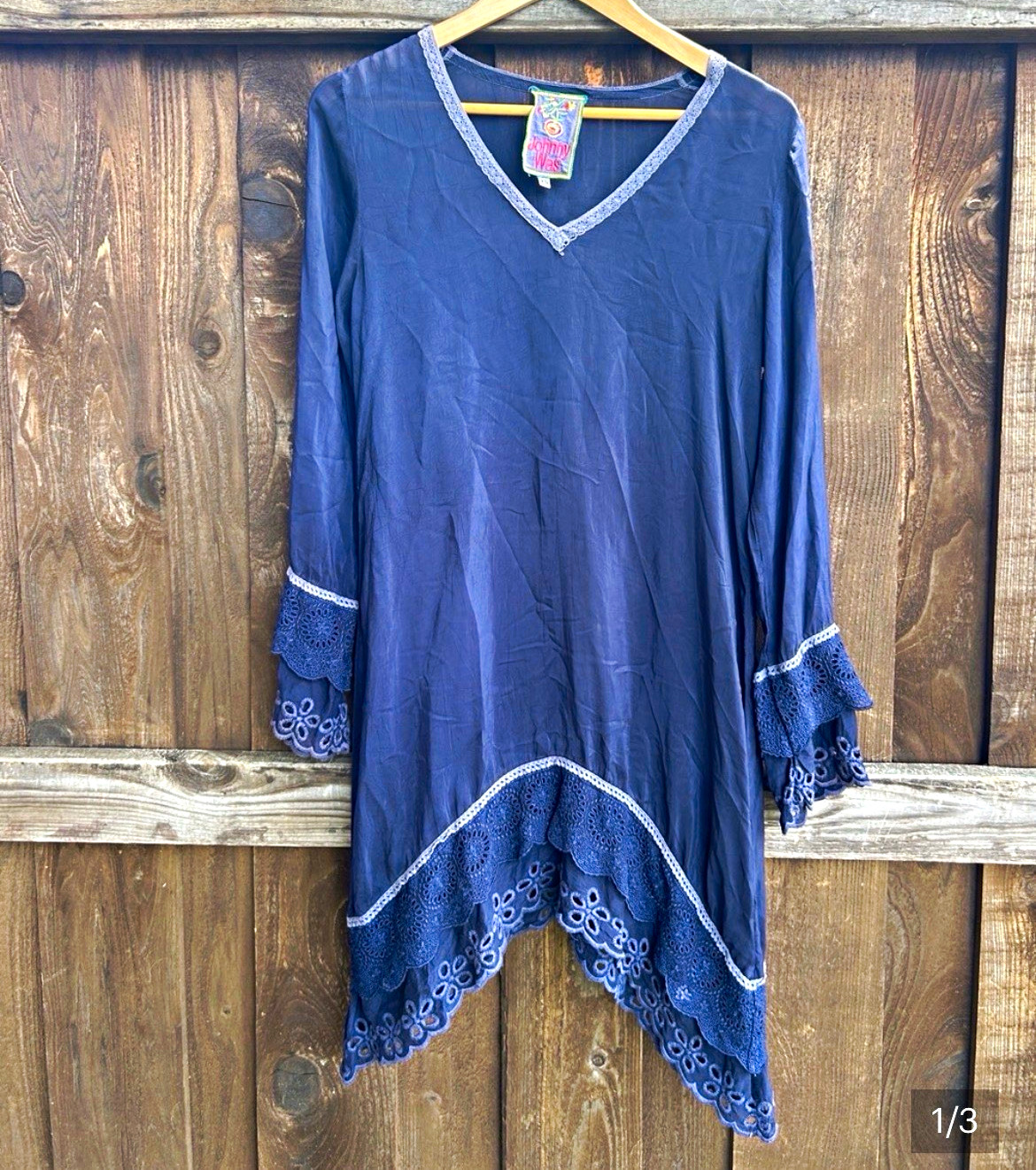 Johnny Was Blue V-Neck Lace Trim Tunic Dress XS 3/4 Bell Sleeve Knee