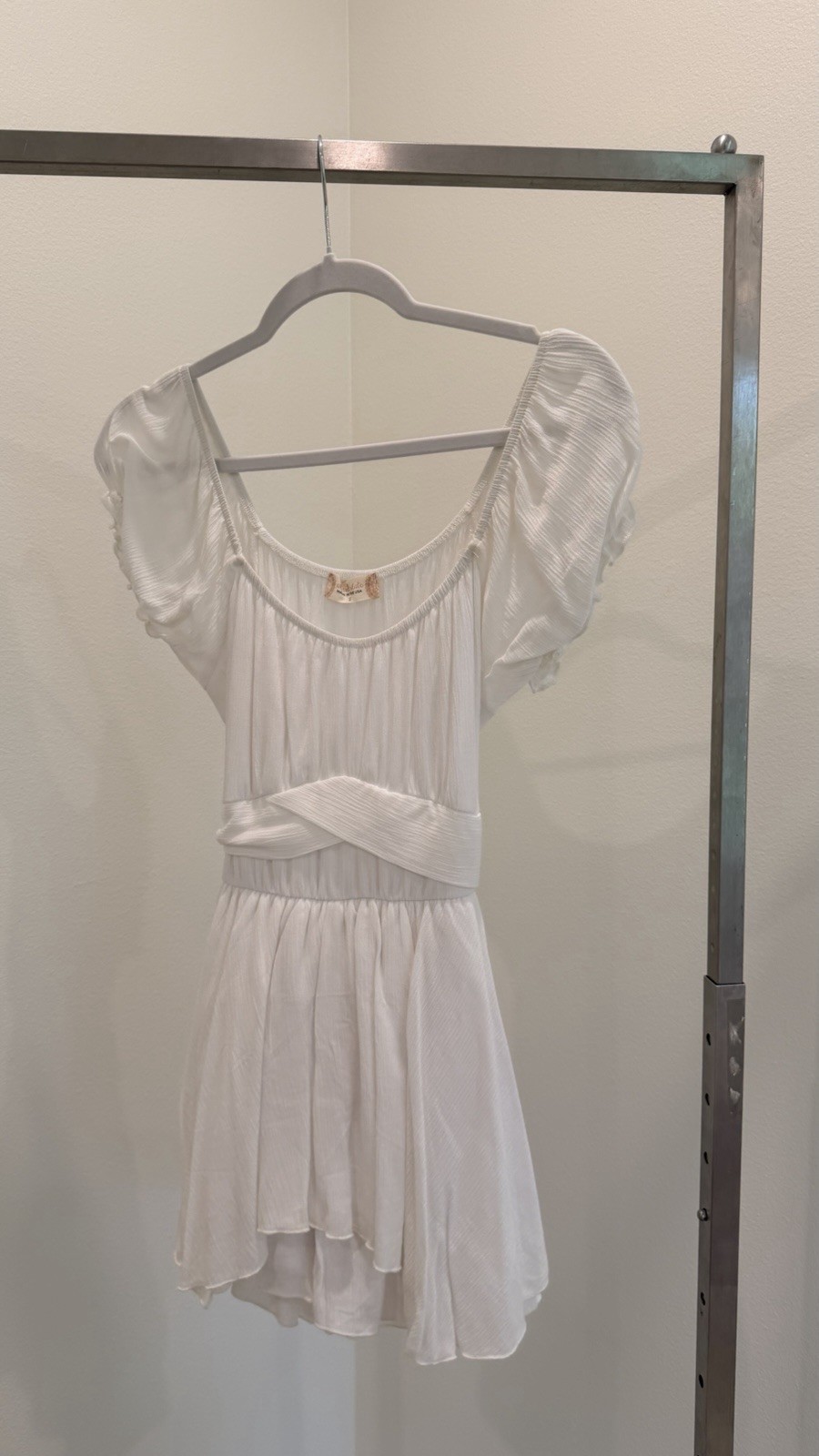 Altar’d State White Solid Fit & Flare Short Puff Sleeve Tie Waist Romper Dress S