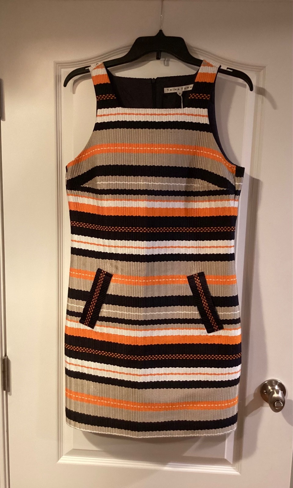 Trina Turk Spiegler Woven Shift Dress Size 6 Striped Orange Navy 7645