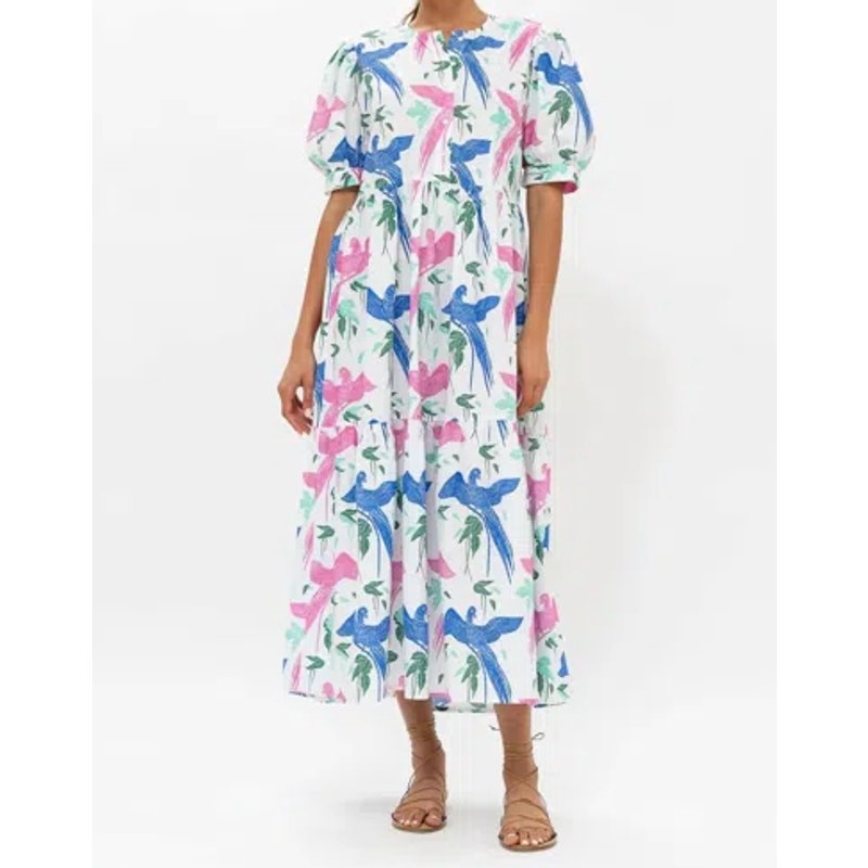 Oliphant Button Cuff Sleeve Poplin Maxi Dress Macaw Blue Multi Pockets Size XXS