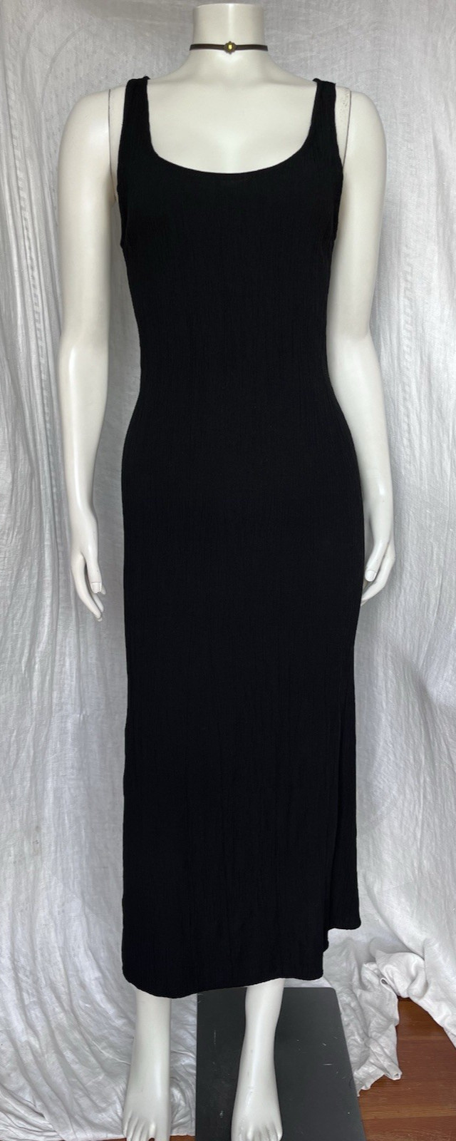 Vintage 90s Crinkle Pleat Long Dress Sleek Sexy Minimalist Gothic Chic 4/Sml USA