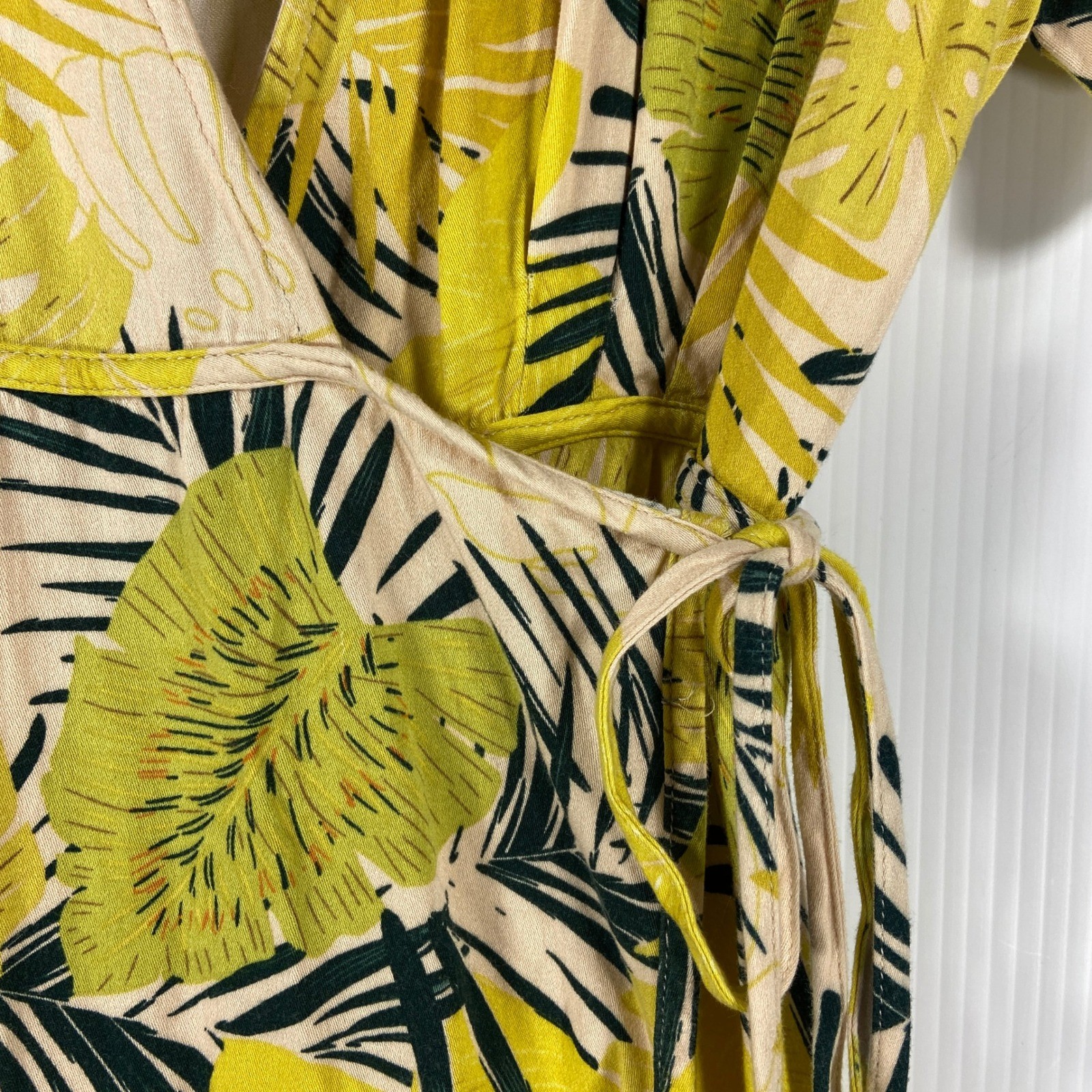 Bohme Shauna Tropical Mini Wrap Dress Apricot Green Yellow Womens Small