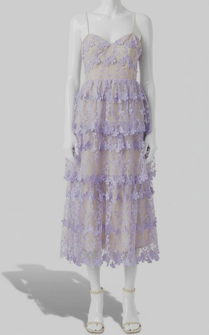 Endless Rose Women’s Purple Floral Crochet Tiered Lace-Up Back Dress Size: M