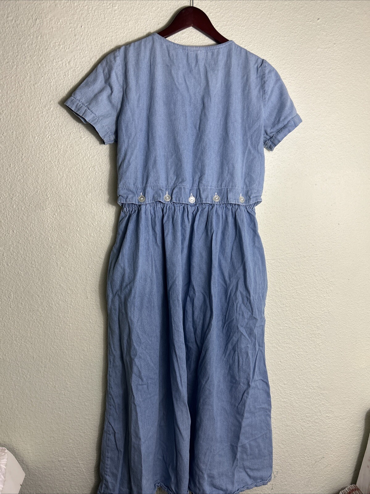 Vintage Chambray Women’s Medium Dress Blue Floral Elastic Waist Ankle Length