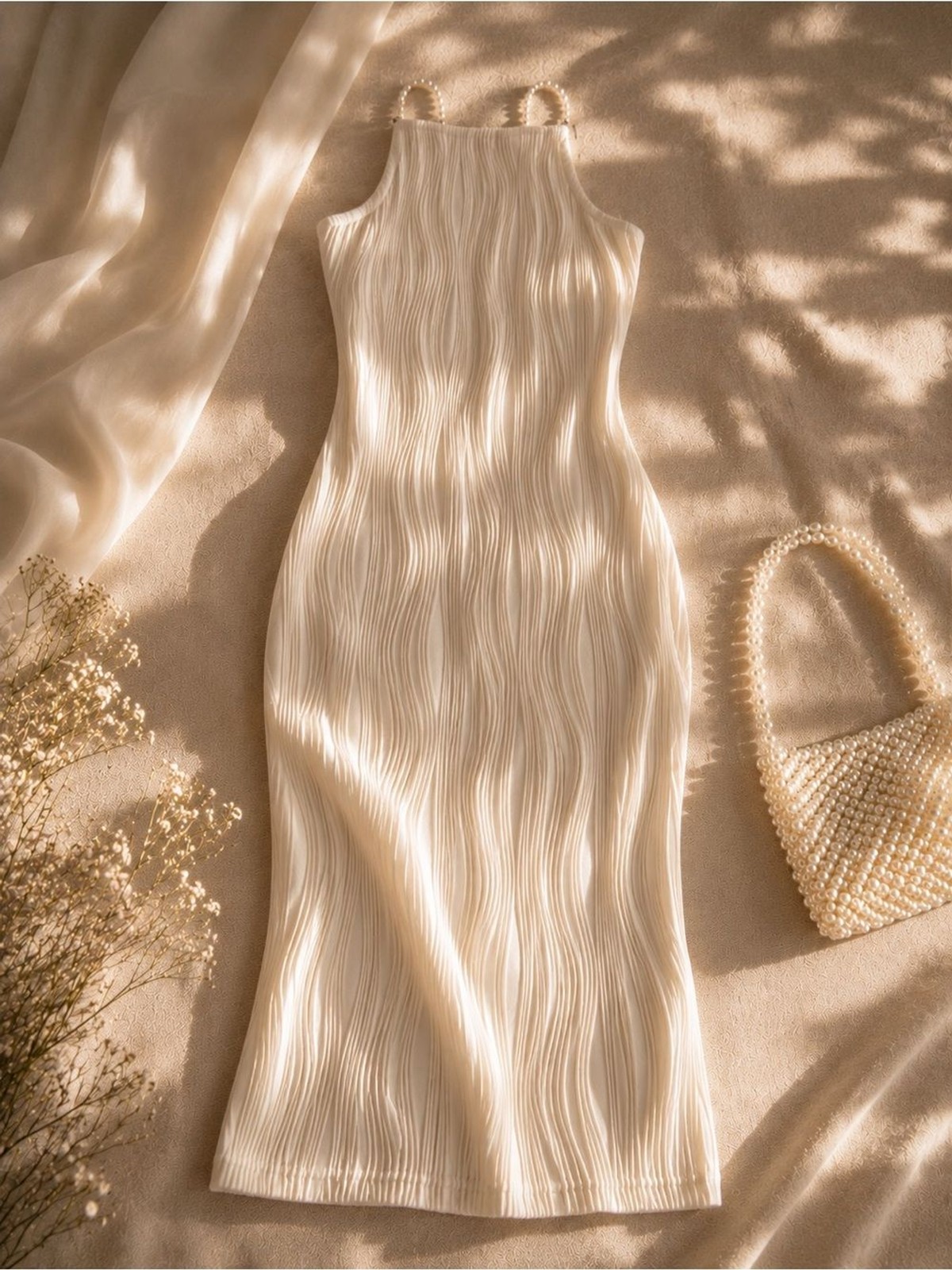 RIHOAS Ivory Wave-Textured Midi Dress