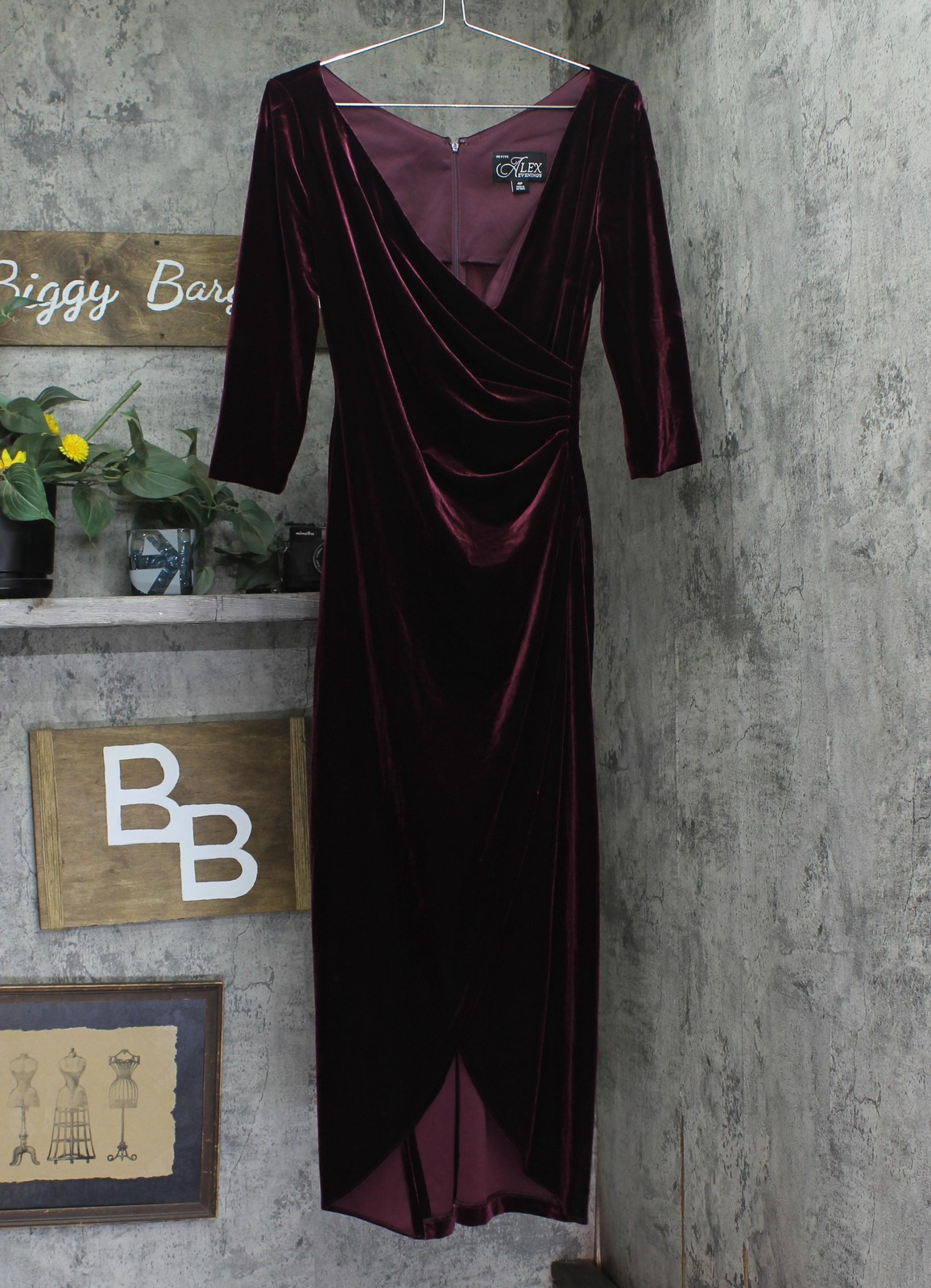 alex Evenings Womens Velvet Tulip Hem Quarter Sleeve Formal Gown Wine Red 4P