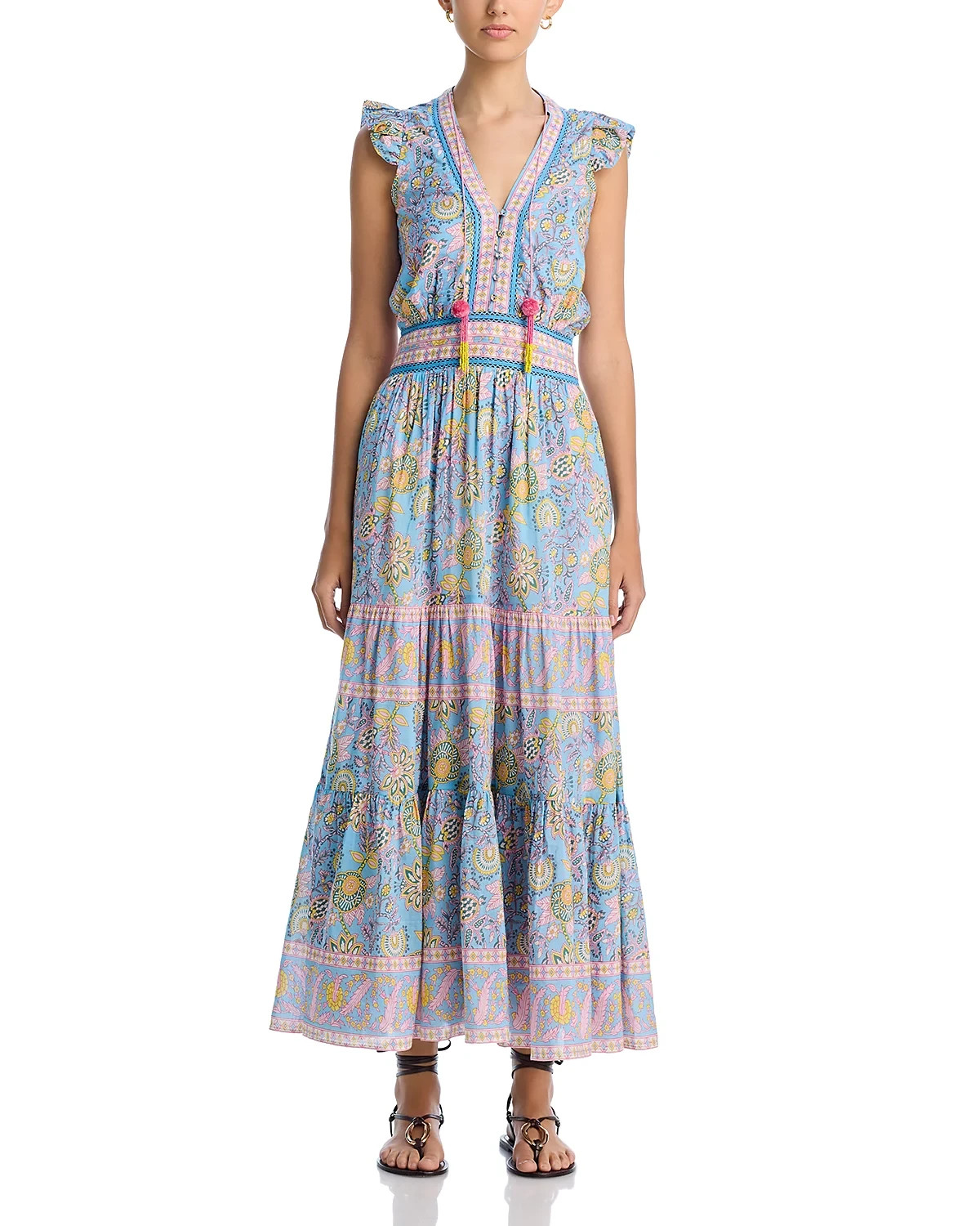 Bell X4341 Boho Floral Annabelle Cap Sleeve Tiered Maxi Dress, Blue Yellow, XS