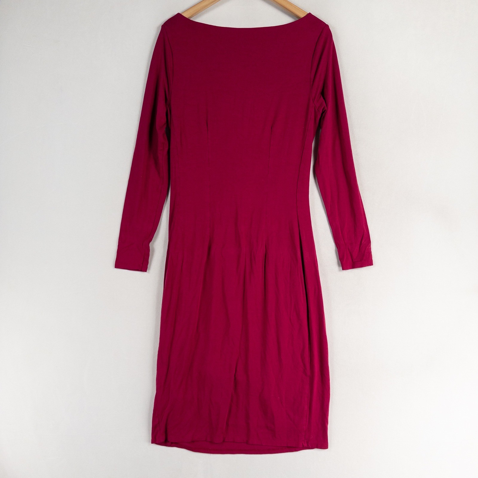 Boden Dress 12 LONG Raspberry Red Stretch Knit Lined Pleated Long Sleeve Sheath