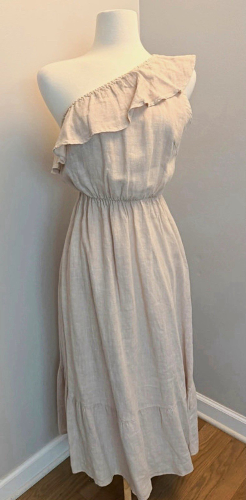 Valentina Naldi Beige Linen One-Shoulder Ruffle A-Line Midi Dress Women’s 12