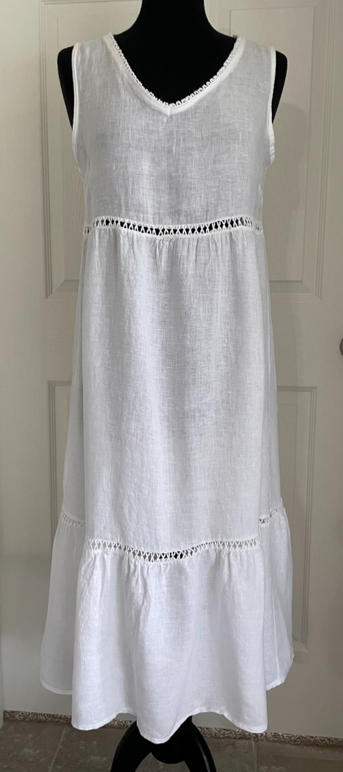Valentina Naldi 100% Linen Crochet Detail Tiered Dress Size Medium Made In Italy
