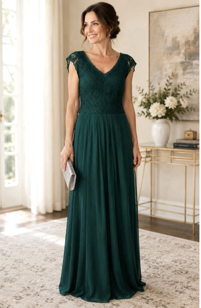 NWT Miusol Dark Green Sz L Evening Gown Lace Bodice Crepe Skirt Sleeveless Lined