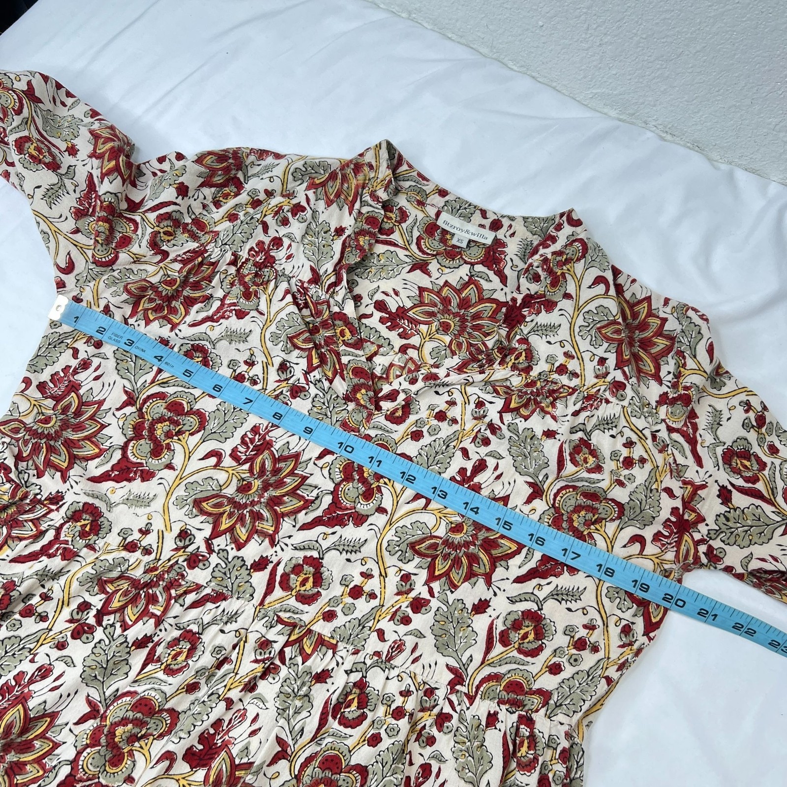 Fitzroy & Willa Floral Block Print Mini Dress Ivory Red Multicolor Floral XS